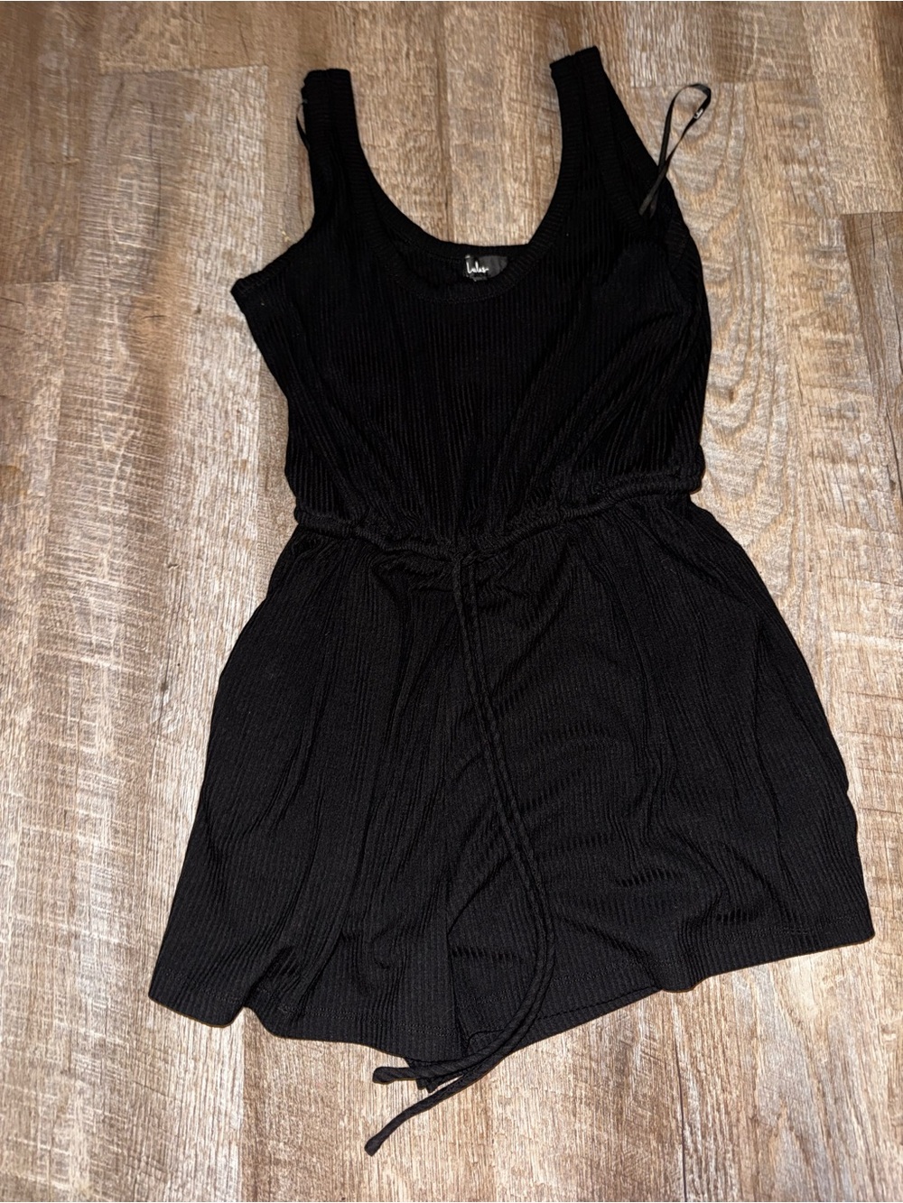 Lulu's Black Ribbed Sleeveless Drawstring Romper Top